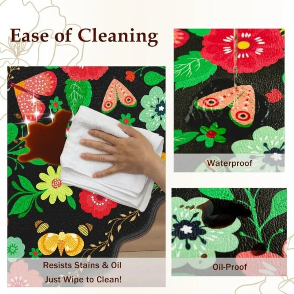 New Scalloped Black Kitchen Mat Set, Cushioned, Non-Slip Carpet for Floor